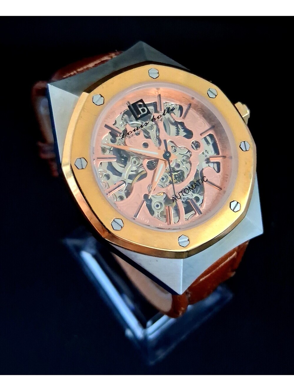 Louis Bolle A-5056-080 Mens Watch 36mm Rose Skeleton Automatic Watch